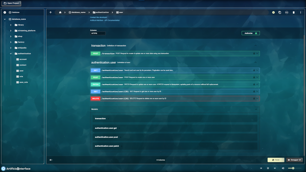 Artificial Interface Studio: database tree on the left, generated API endpoints for authentication.user on the right